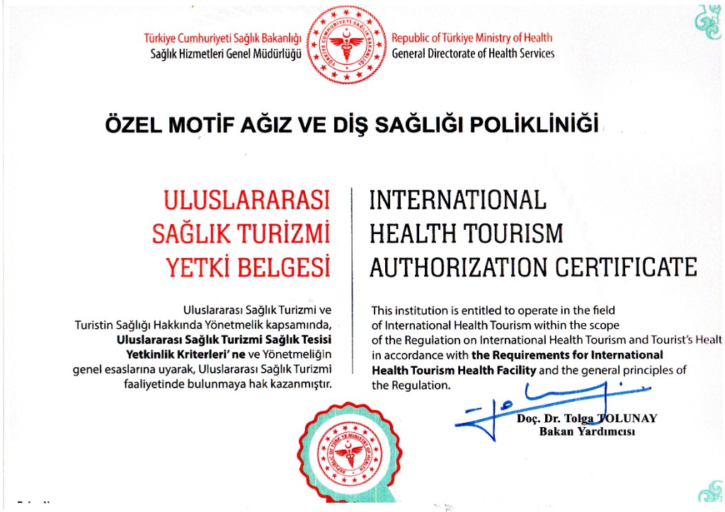 International Health Tourism Authorization Certificate issued by the Republic of Türkiye Ministry of Health to Özel Motif Ağız ve Diş Sağlığı Polikliniği.